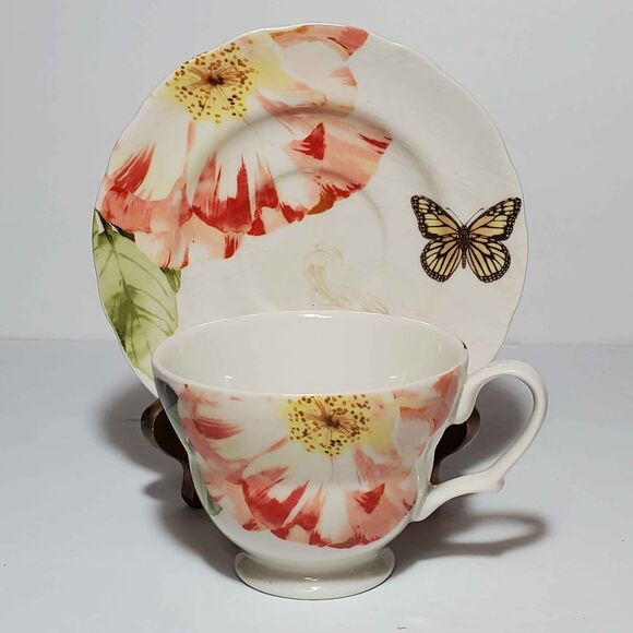 222 Fifth Teacup and Saucer Pink Flower Butterfly - Picture 7 of 10